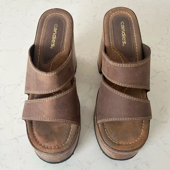 Vintage Y2K Candie’s Leather Platform Chunky Wooden Heel Sandals - Picture 5 of 13
